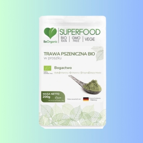 BeOrganic Trawa Pszeniczna BIO – naturalny proszek dla energii i detoksykacji organizmu 200 g