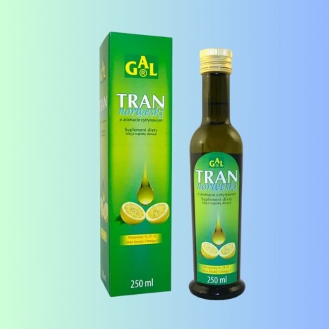 GAL Tran Norweski 250 ml suplement diety naturalny aromat cytrynowy źródło kwasów omega-3 i witamin A D