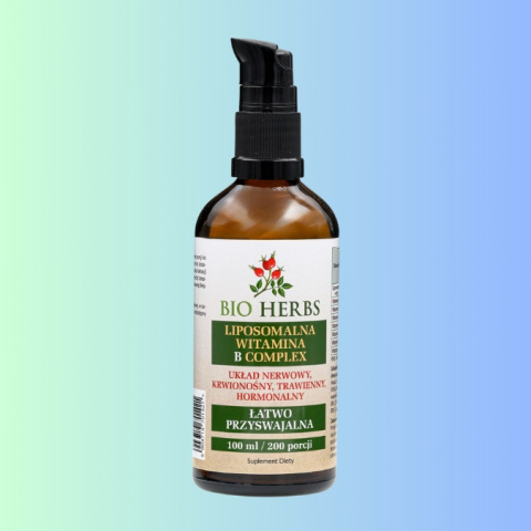 Liposomalna Witamina B Complex - układ nerwowy, krwionośny, trawienny, hormonalny, Bio Herbs, 100 ml/200 porcji Liposomalna Witamina B Complex - układ nerwowy, krwionośny, trawienny, hormonalny, Bio Herbs, 100 ml/200 porcji
