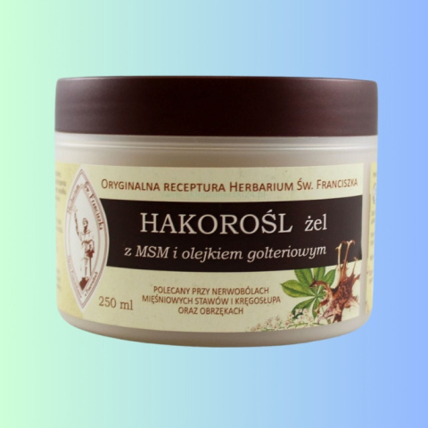 Hakorość Żel z MSM i olejkiem golteriowym - przy nerwobólach i obrzękach, Herbarium Św. Franciszka, 250 ml Hakorość Żel z MSM i olejkiem golteriowym - przy nerwobólach i obrzękach, Herbarium Św. Franciszka, 250 ml