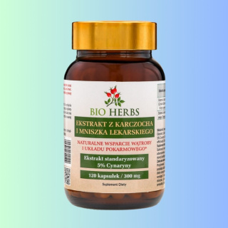Ekstrakt z Karczocha i Mniszka Lekarskiego - 5% Cynaryny, Bio Herbs, 120 kapsułek