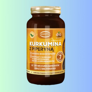 Kurkumina z Piperyną - aż 201 mg kurkuminoidów, Asepta, 210 kapsułek