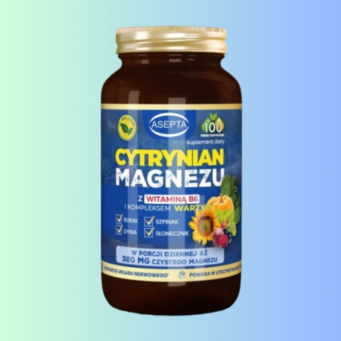 Cytrynian Magnezu - z witaminą B6 i kompleksem warzyw, Asepta, 100 vege kapsułek Cytrynian Magnezu - z witaminą B6 i kompleksem warzyw, Asepta, 100 vege kapsułek