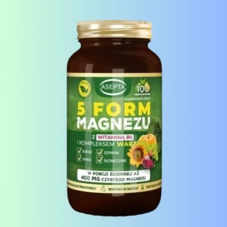 5 Form Magnezu z Witaminą B6 i kompleksem warzyw, Asepta, 100 vege kapsułek, 400mg magnezu
