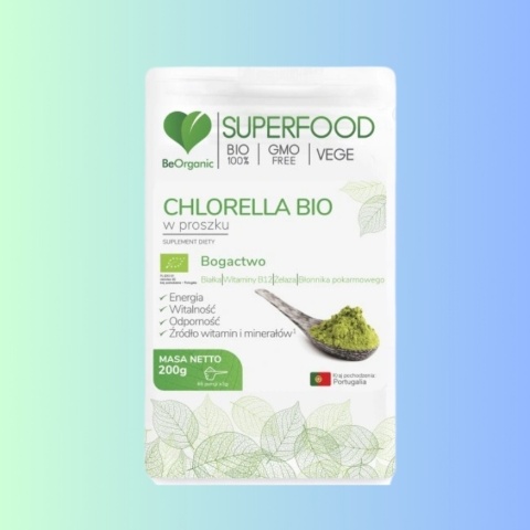 BeOrganic Chlorella BIO – naturalny proszek z alg dla energii i oczyszczania organizmu 200 g