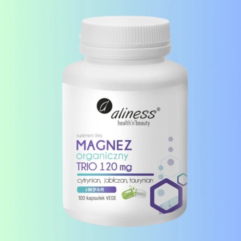 Aliness Magnez Organiczny TRIO 120 mg + Witamina B6 – na zmęczenie, układ nerwowy i mięśnie, 100 kapsułek VEGE