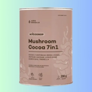 Kakao z 7 ekstraktami grzybów funkcjonalnych Reishi, Chaga, Maitake Aura Herbals Mycodrop Cocoa 330 g