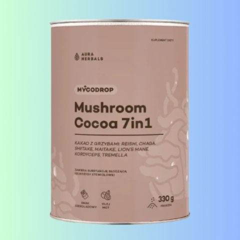 Kakao z 7 ekstraktami grzybów funkcjonalnych Reishi, Chaga, Maitake Aura Herbals Mycodrop Cocoa 330 g