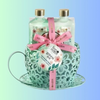 Zestaw Filiżanka – pielęgnacja ciała: żel, mleczko, scrub i gąbka, 175 ml + 50 ml