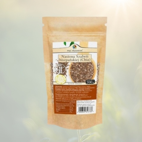 Chia Nasiona Szałwii Hiszpańskiej – Pięć Przemian – naturalne nasiona bogate w błonnik, kwasy omega-3 i białko – 200 g